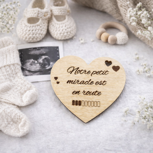 Aimant annonce grossesse cœur en bois – Notre petit miracle est en route