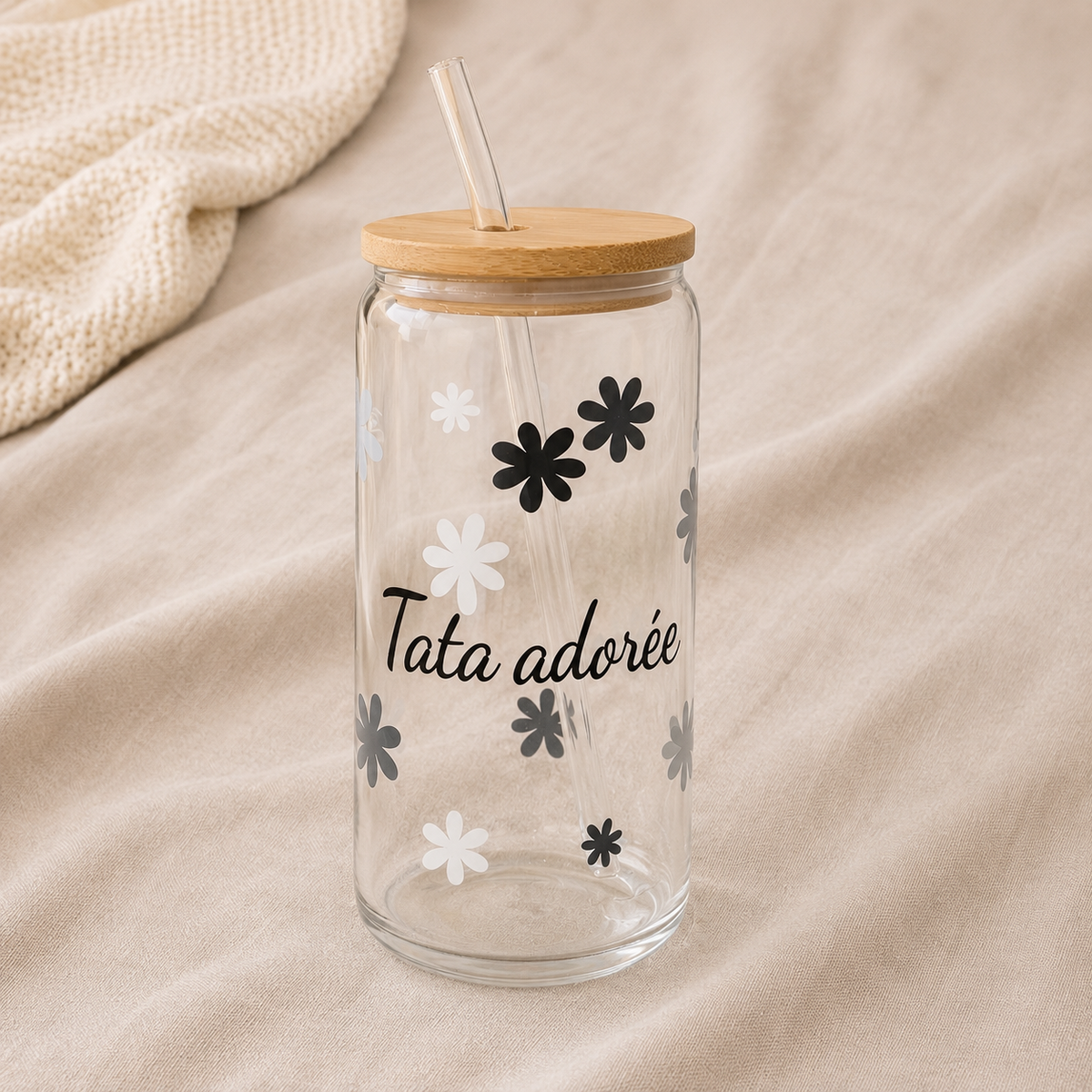 Verre en verre "Tata adorée" avec paille en verre