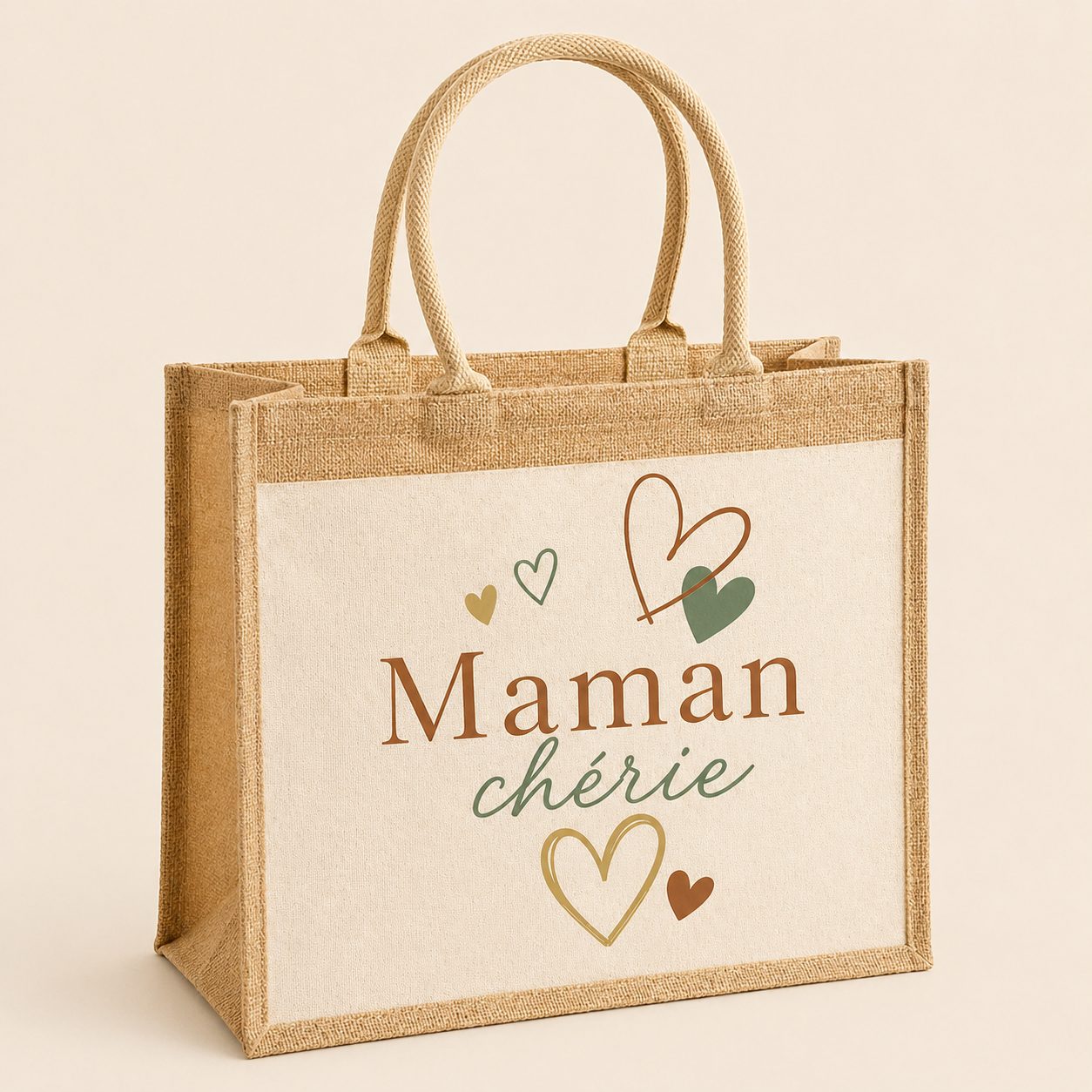 Sac cabas en jute personnalisé - Maman d’amour et coeurs