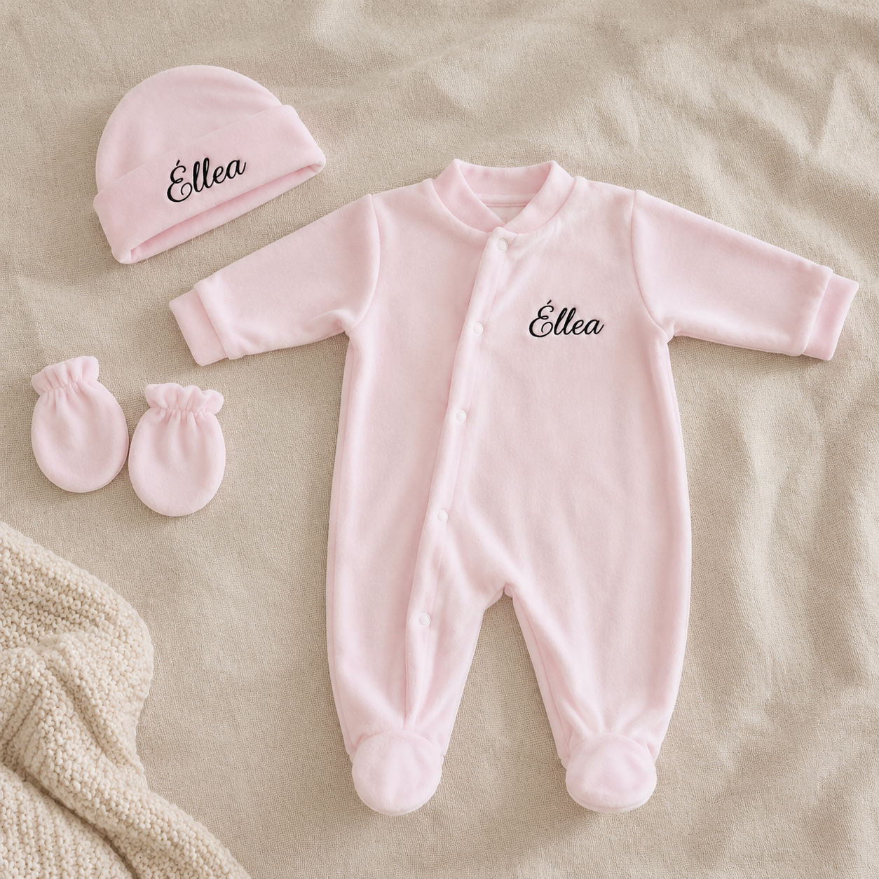 Ensemble naissance personnalisé - Pyjama, bonnet et moufles bébé