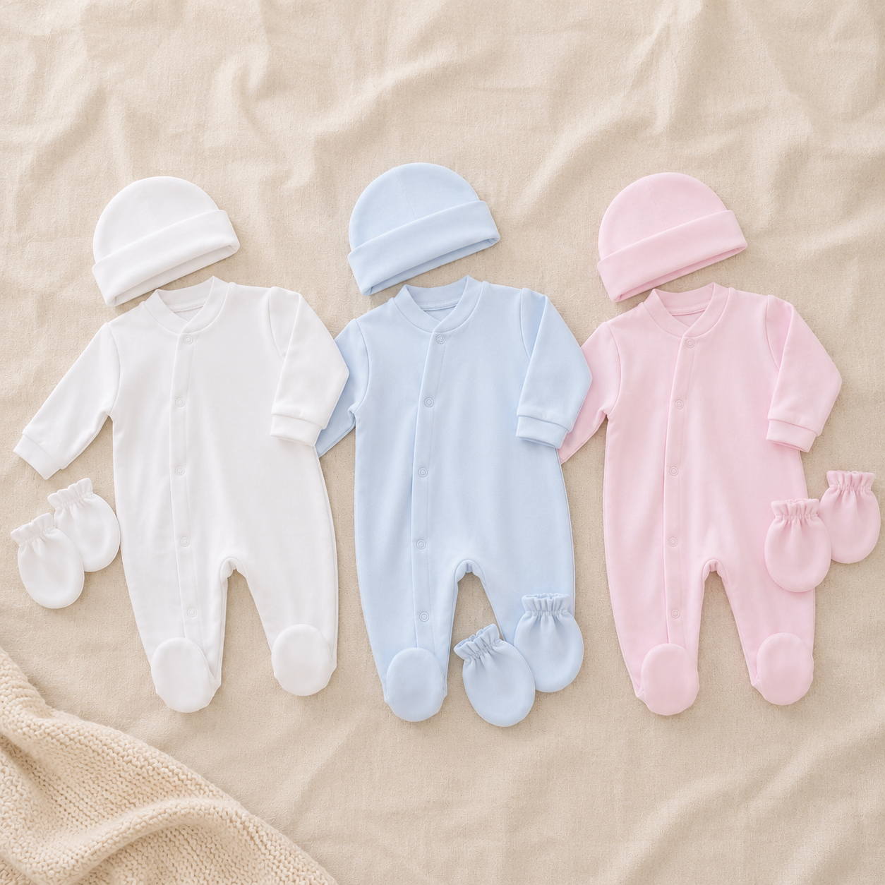 Ensemble naissance personnalisé - Pyjama, bonnet et moufles bébé