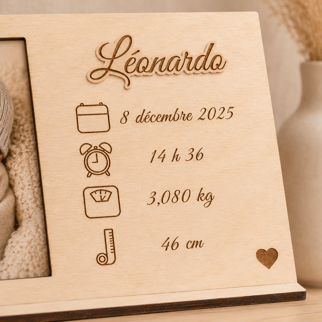 Cadre naissance en bois avec photo et données de naissance