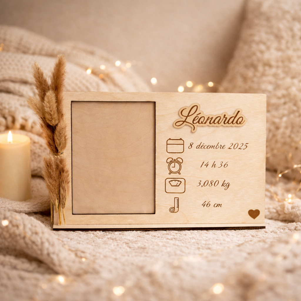 Cadre naissance en bois avec photo et données de naissance