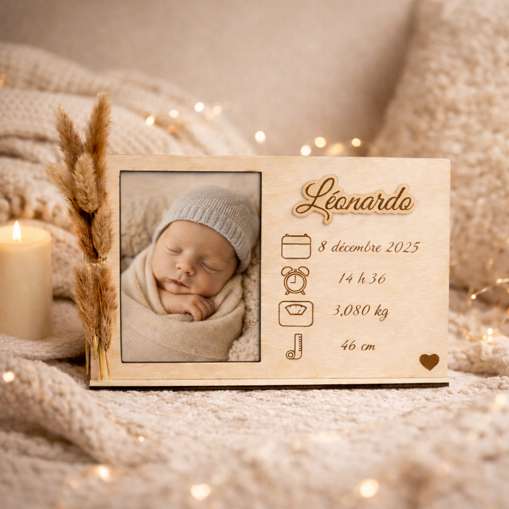 Cadre naissance en bois avec photo et données de naissance