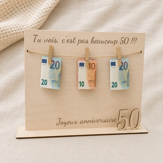 Support cadeau anniversaire en bois – Porte-billets et cadre souvenir personnalisé