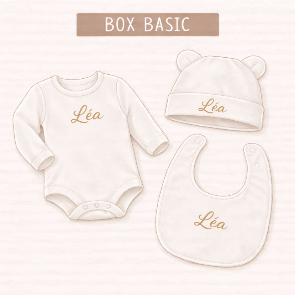 Box Basic bébé personnalisée – Body, bonnet et bavoir avec prénom