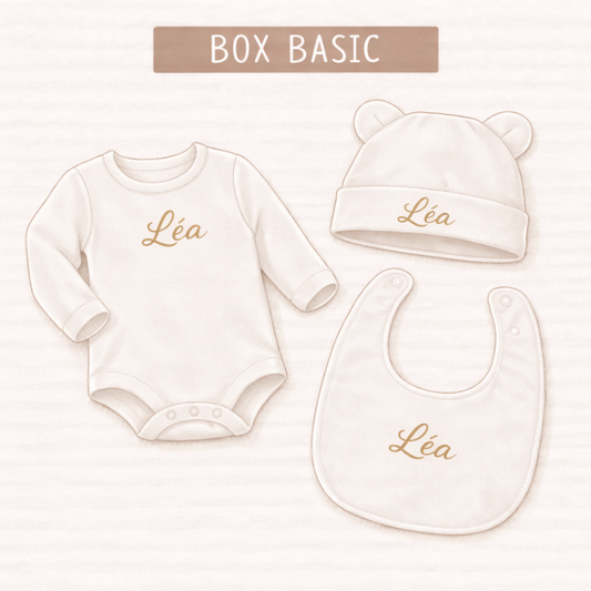 Box Basic bébé personnalisée – Body, bonnet et bavoir avec prénom
