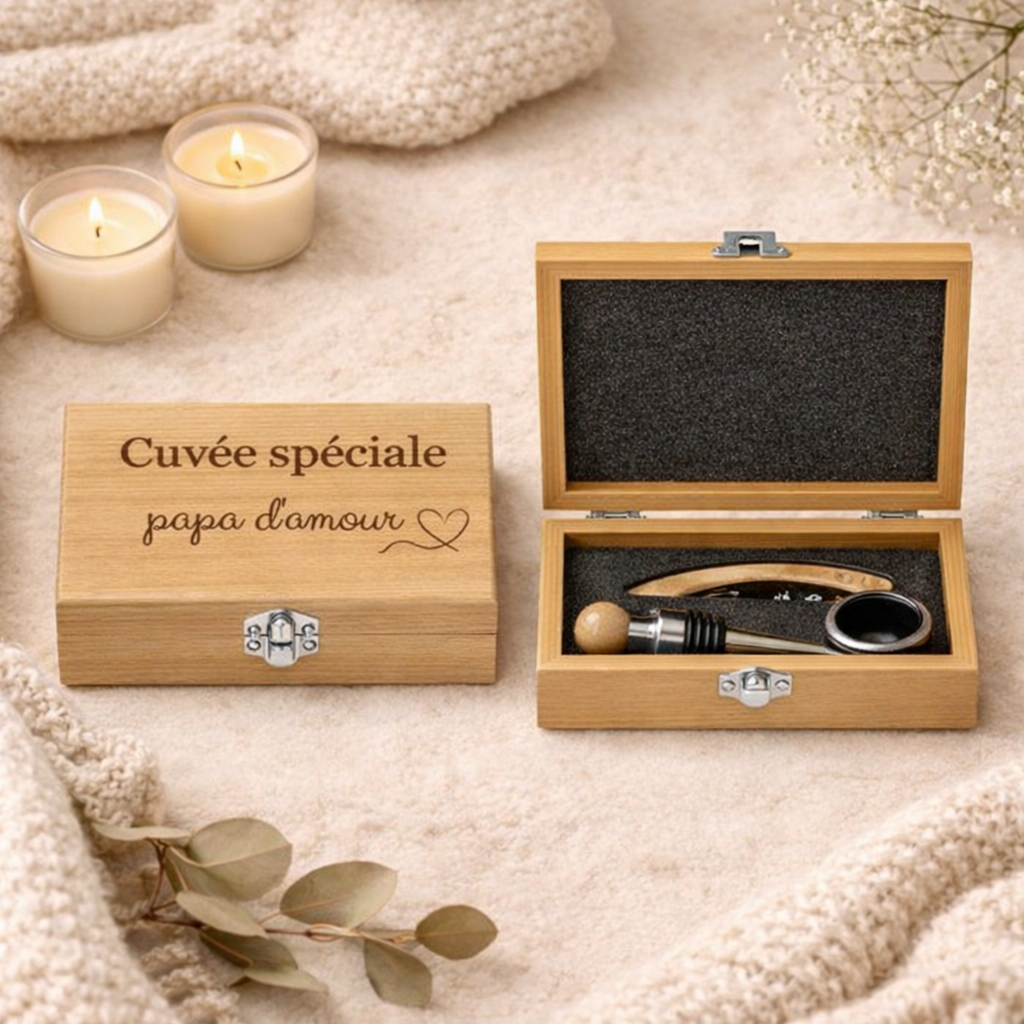 Coffret vin personnalisé en bambou – tire-bouchon, bouchon & anneau