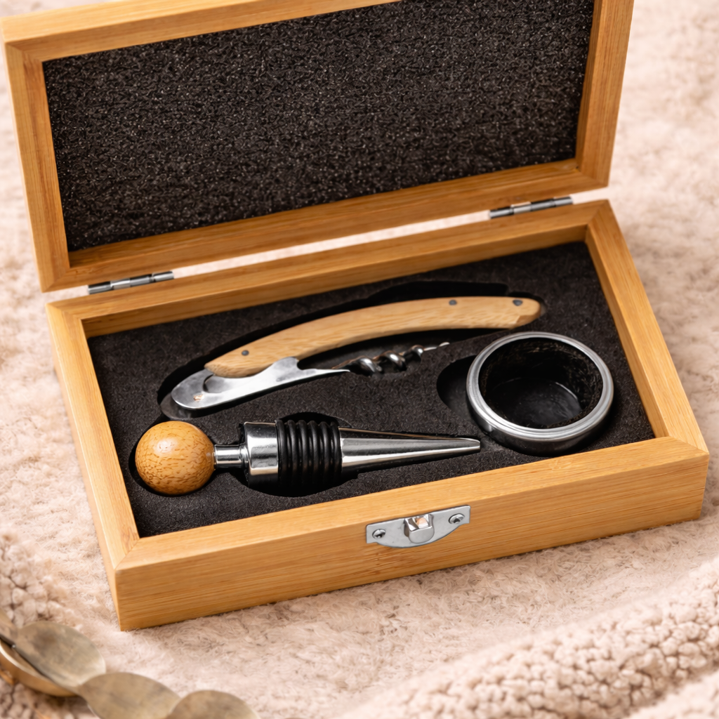 Coffret vin personnalisé en bambou – tire-bouchon, bouchon & anneau