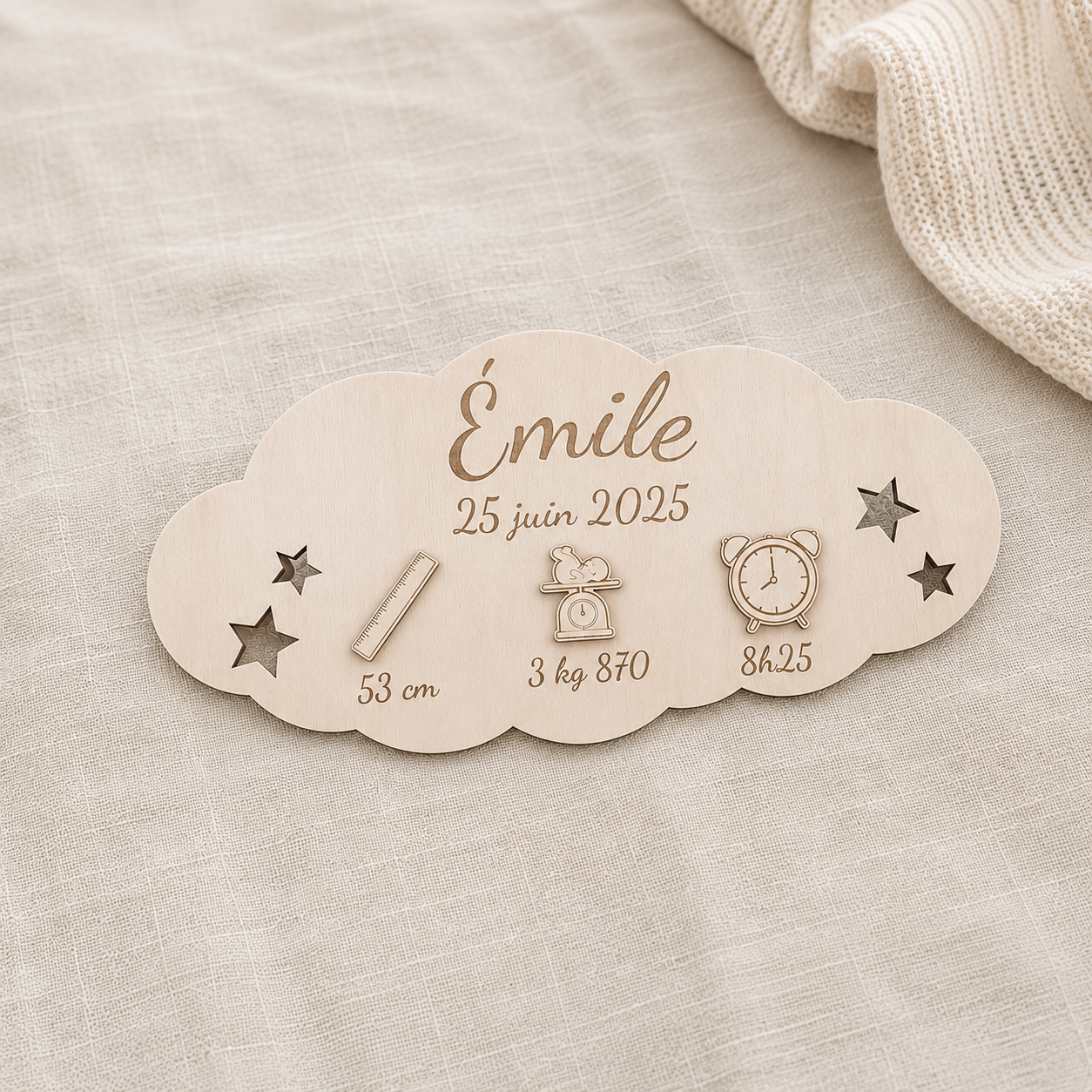 Plaque de naissance nuage personnalisée en bois