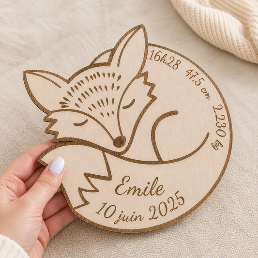 Plaque de naissance renard personnalisée en bois