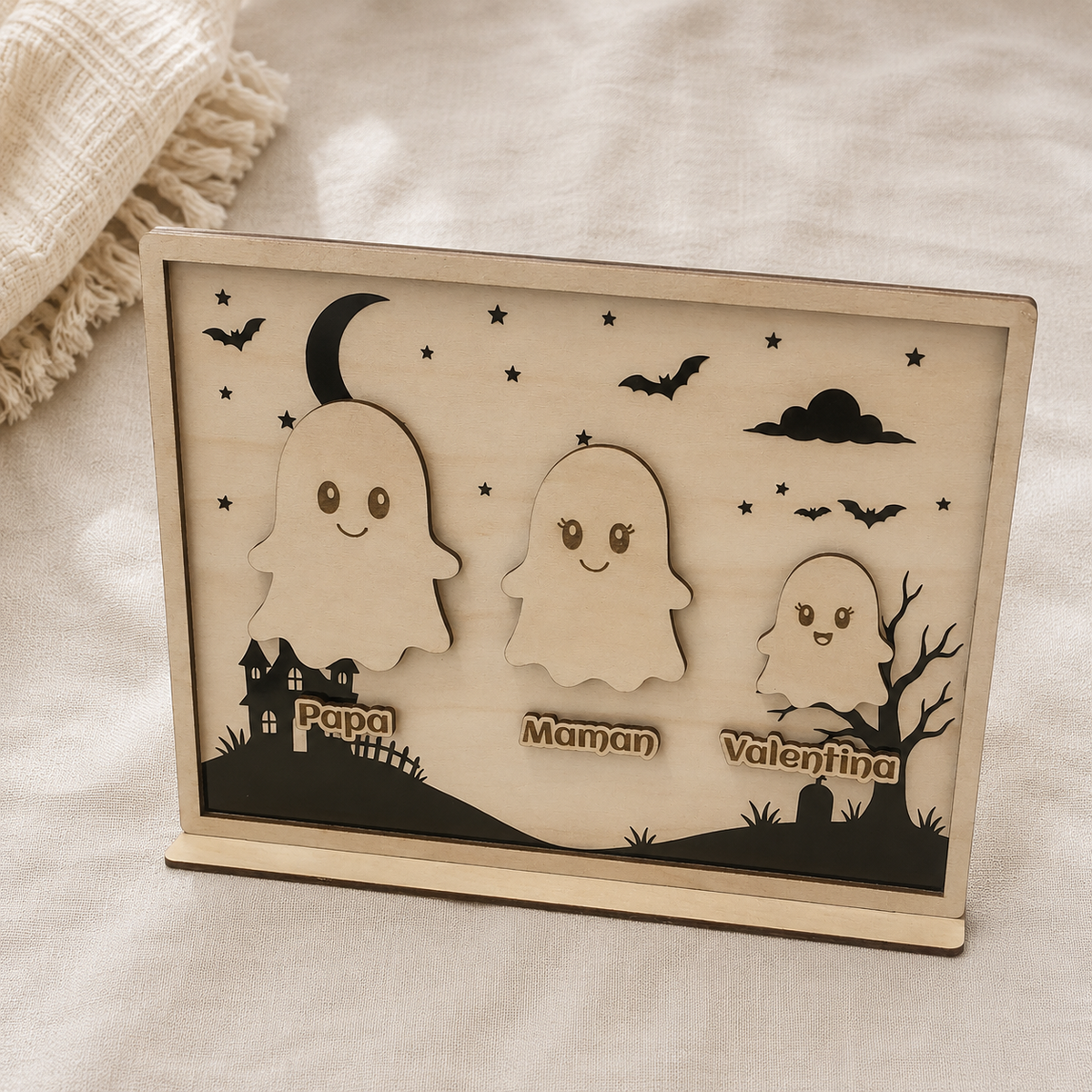 Cadre Halloween personnalisé famille fantômes en bois