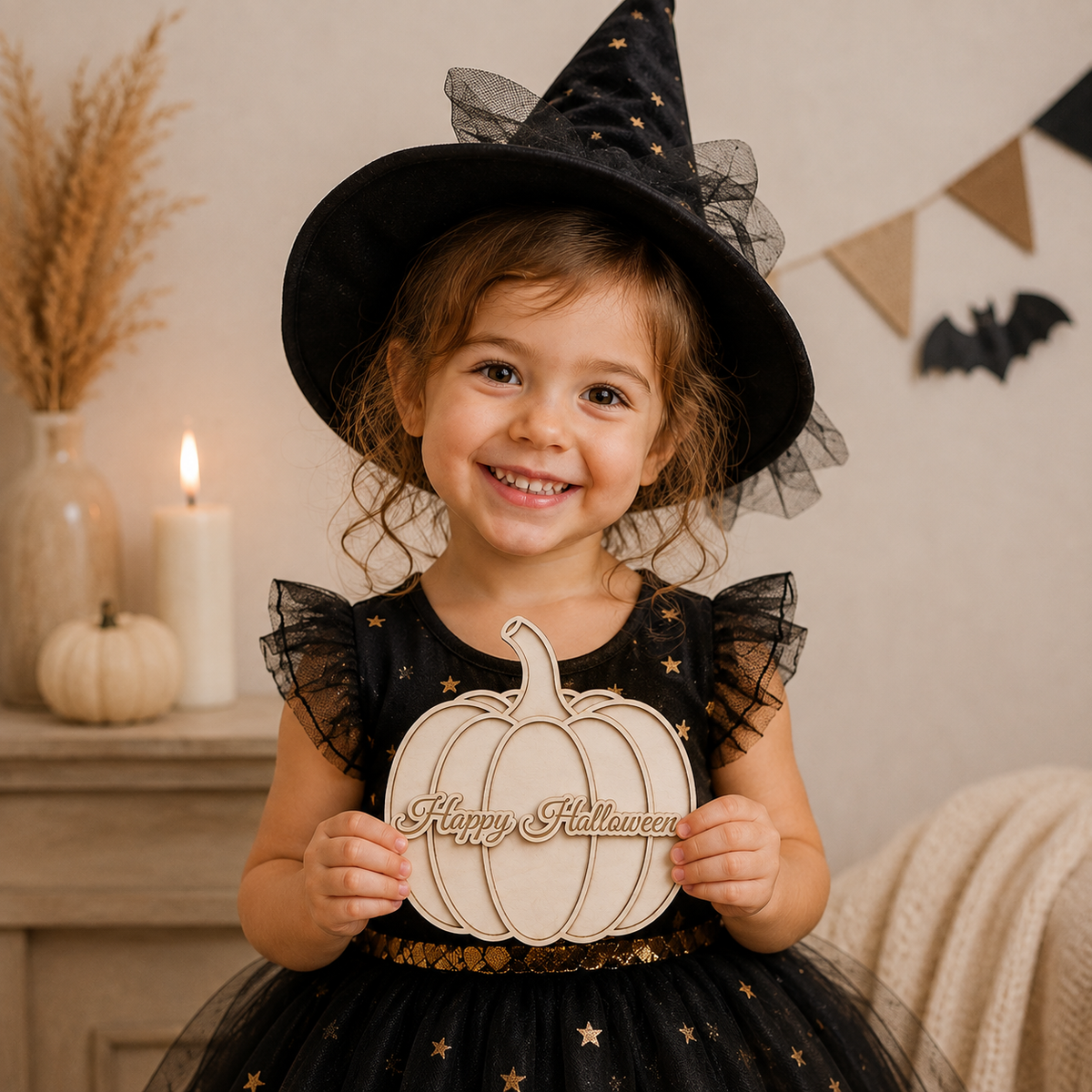 Plaque en bois « Happy Halloween » - Citrouille