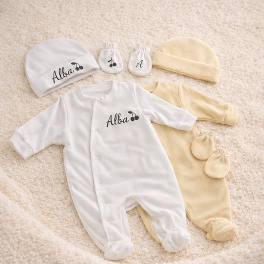 Ensemble naissance personnalisé - Pyjama, bonnet et moufles bébé