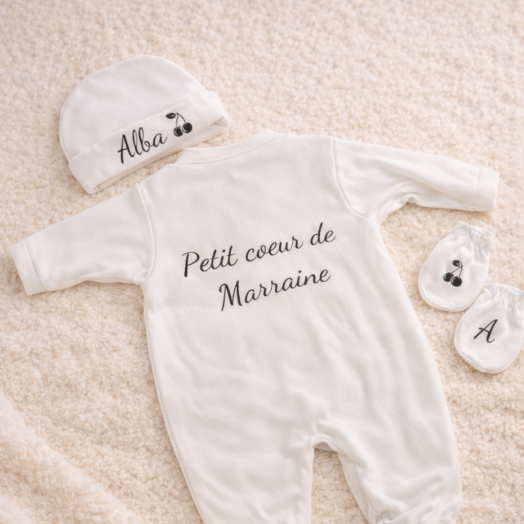 Ensemble naissance personnalisé - Pyjama, bonnet et moufles bébé