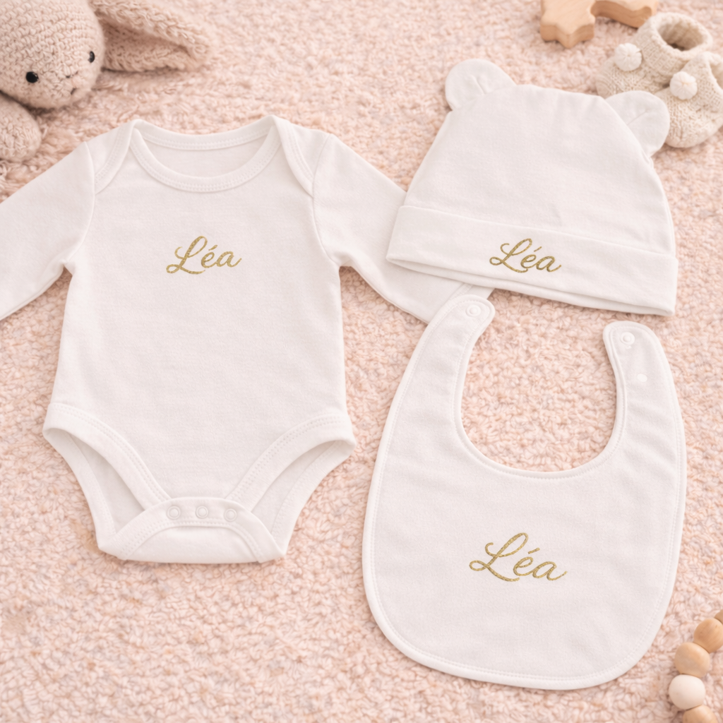 Box Basic bébé personnalisée – Body, bonnet et bavoir avec prénom
