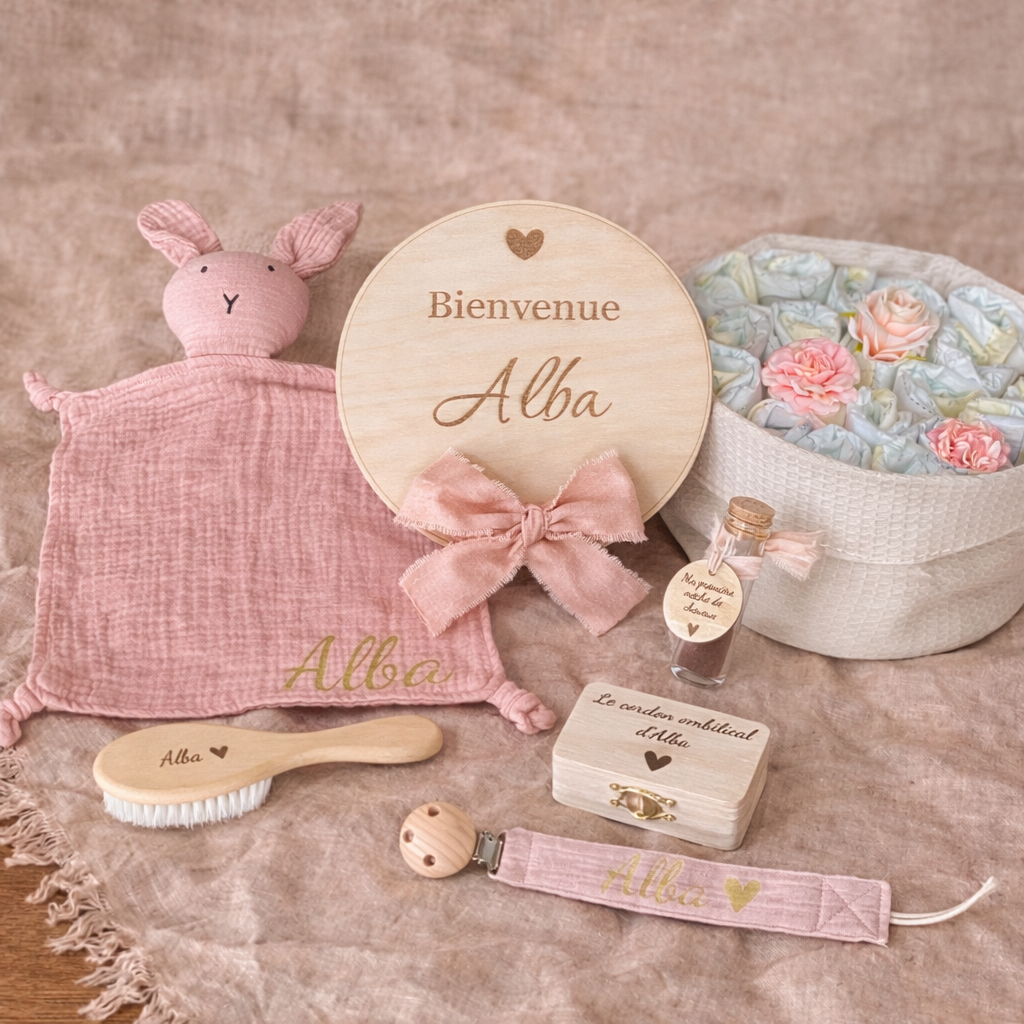 Coffret naissance personnalisé – Panier de couches & premiers souvenirs de bébé