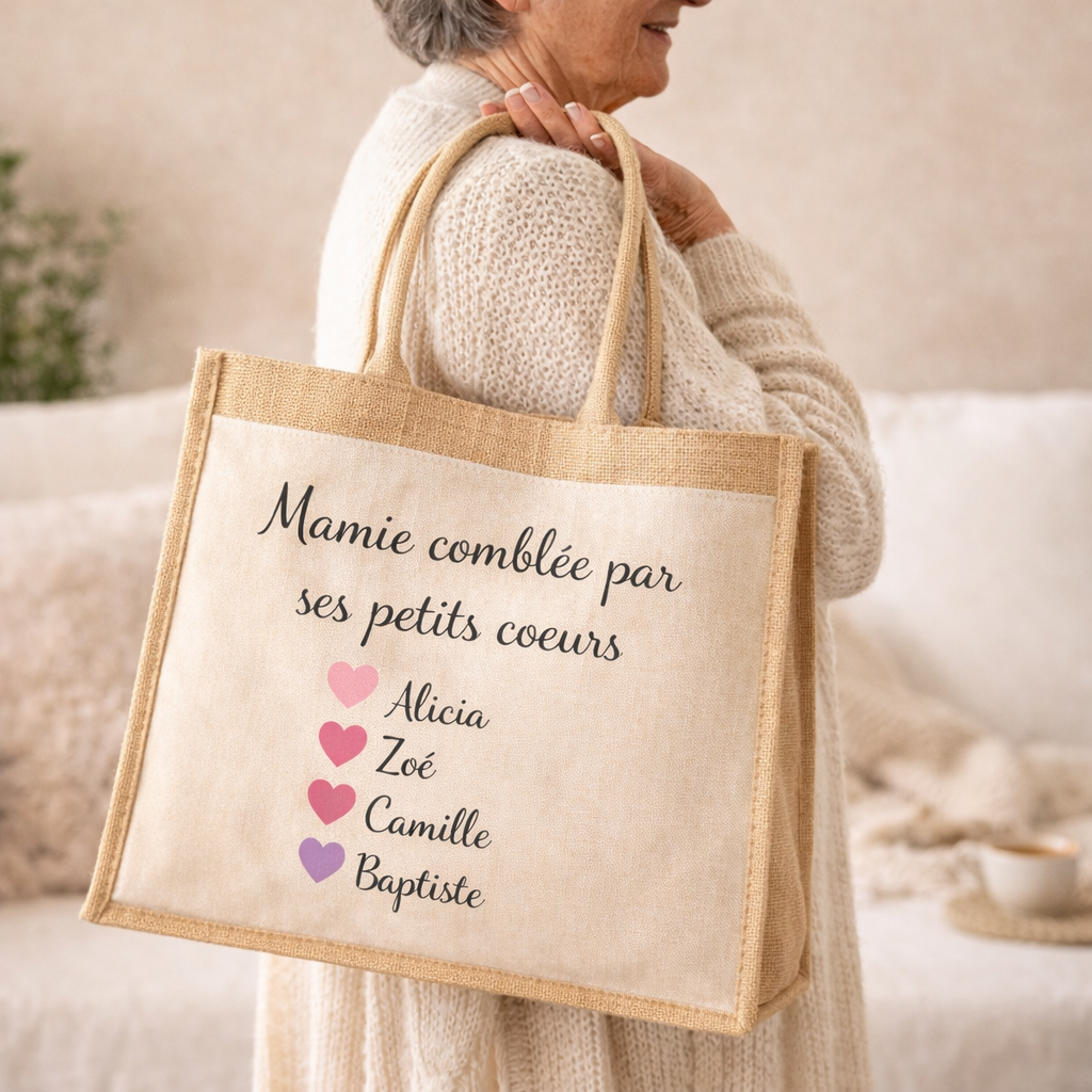 Sac cabas en jute Mamie personnalisé avec prénoms