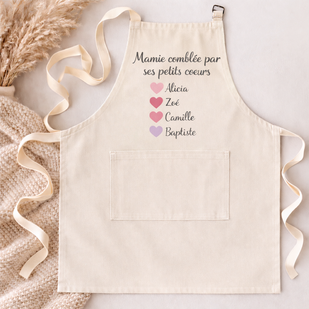 Tablier personnalisé Mamie – Tablier adulte coton naturel avec prénoms des petits-enfants