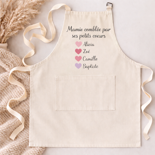 Tablier personnalisé Mamie – Tablier adulte coton naturel avec prénoms des petits-enfants
