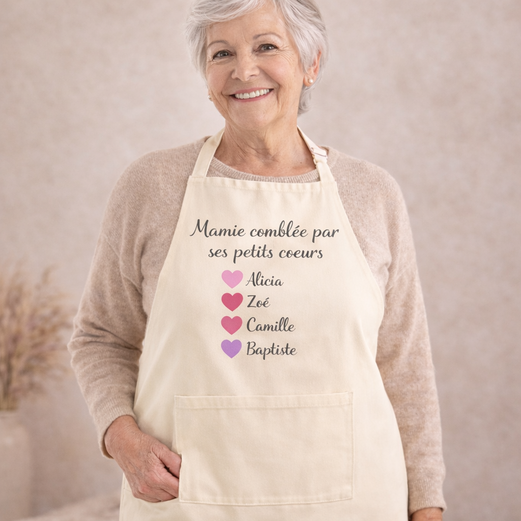 Tablier personnalisé Mamie – Tablier adulte coton naturel avec prénoms des petits-enfants