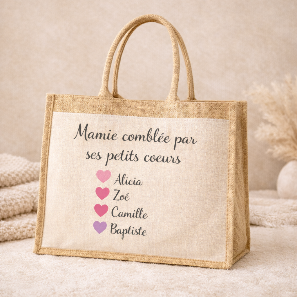 Sac cabas en jute Mamie personnalisé avec prénoms