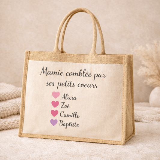 Sac cabas en jute Mamie personnalisé avec prénoms