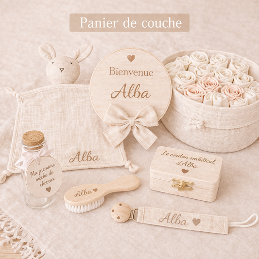 Coffret naissance personnalisé – Panier de couches & premiers souvenirs de bébé