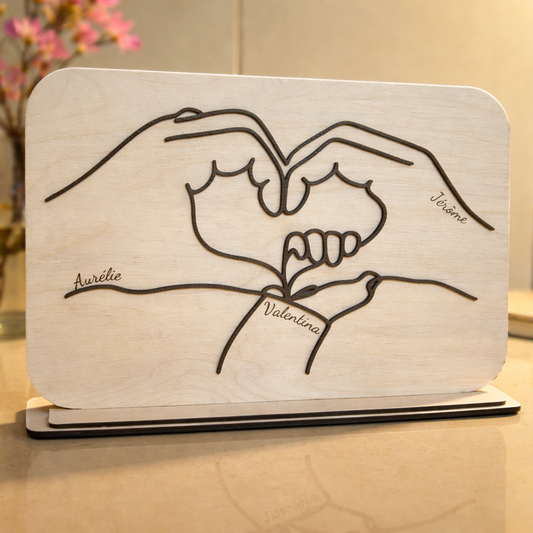 Cadre personnalisé famille avec mains formant un cœur