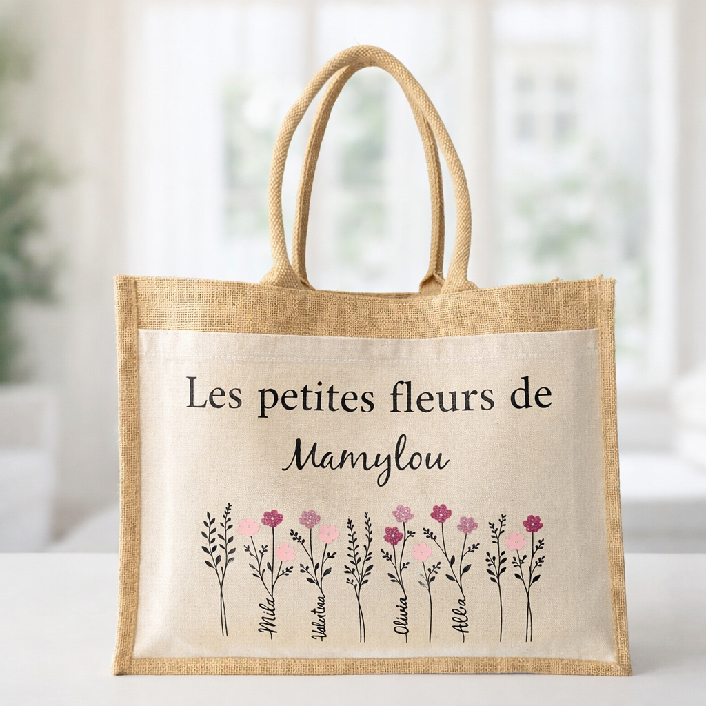 Sac en jute personnalisé avec prénoms et fleurs