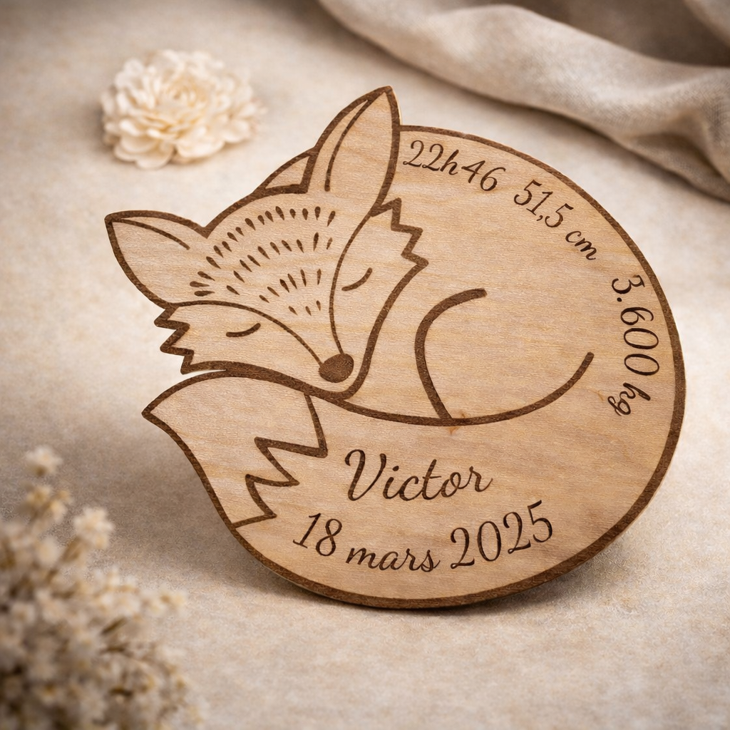 Tableau de naissance renard personnalisé en bois