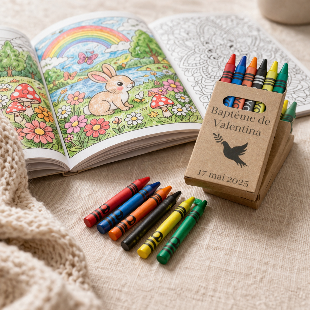 Boîte de pastels personnalisée baptême enfant – Cadeau invité