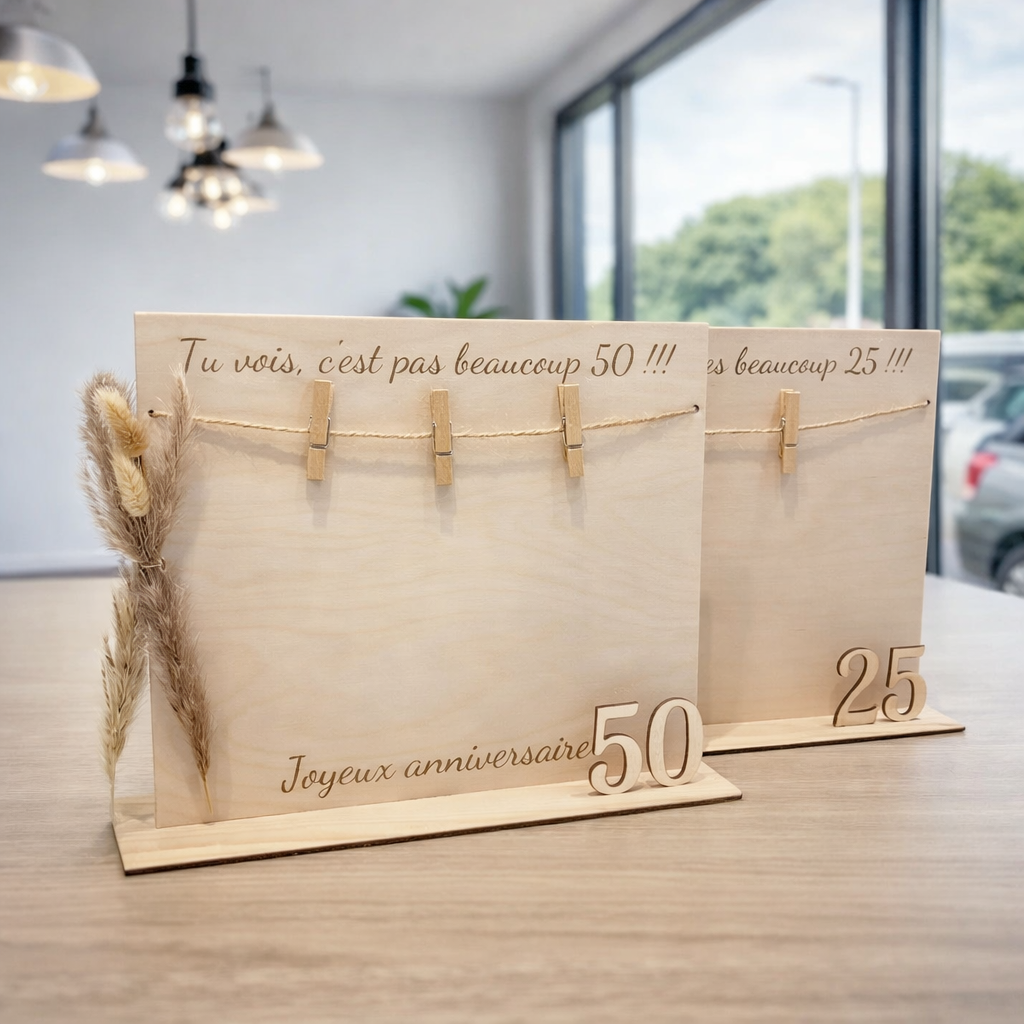 Support cadeau anniversaire en bois – Porte-billets et cadre souvenir personnalisé