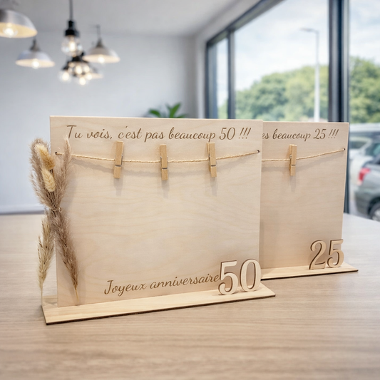 Support cadeau anniversaire en bois – Porte-billets et cadre souvenir personnalisé