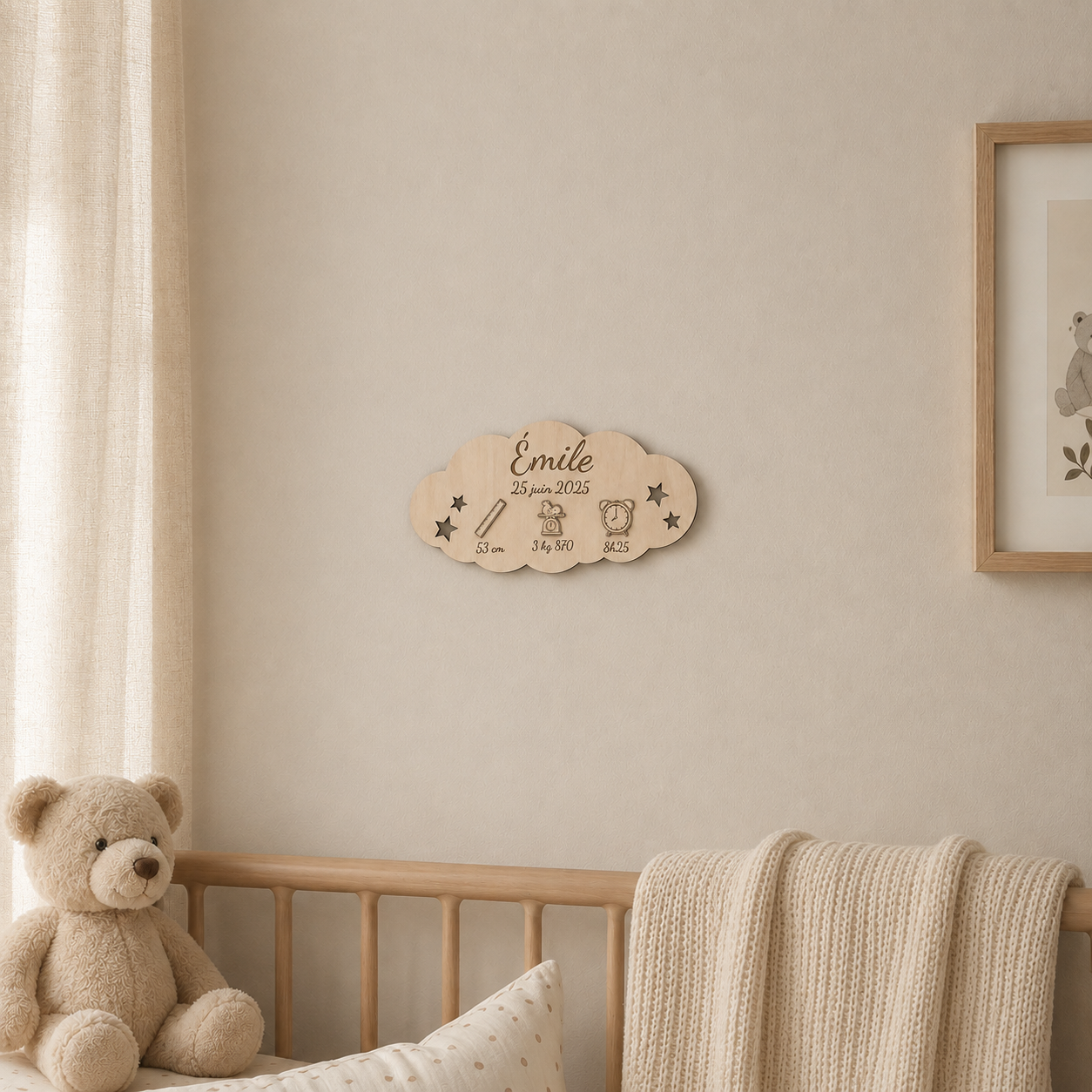 Plaque de naissance nuage personnalisée en bois