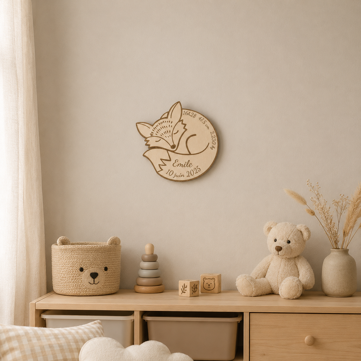 Plaque de naissance renard personnalisée en bois