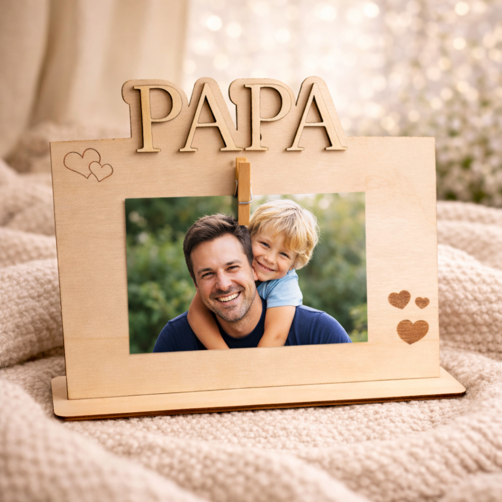 Porte photo personnalisé en bois – cadeau papa original avec pince photo