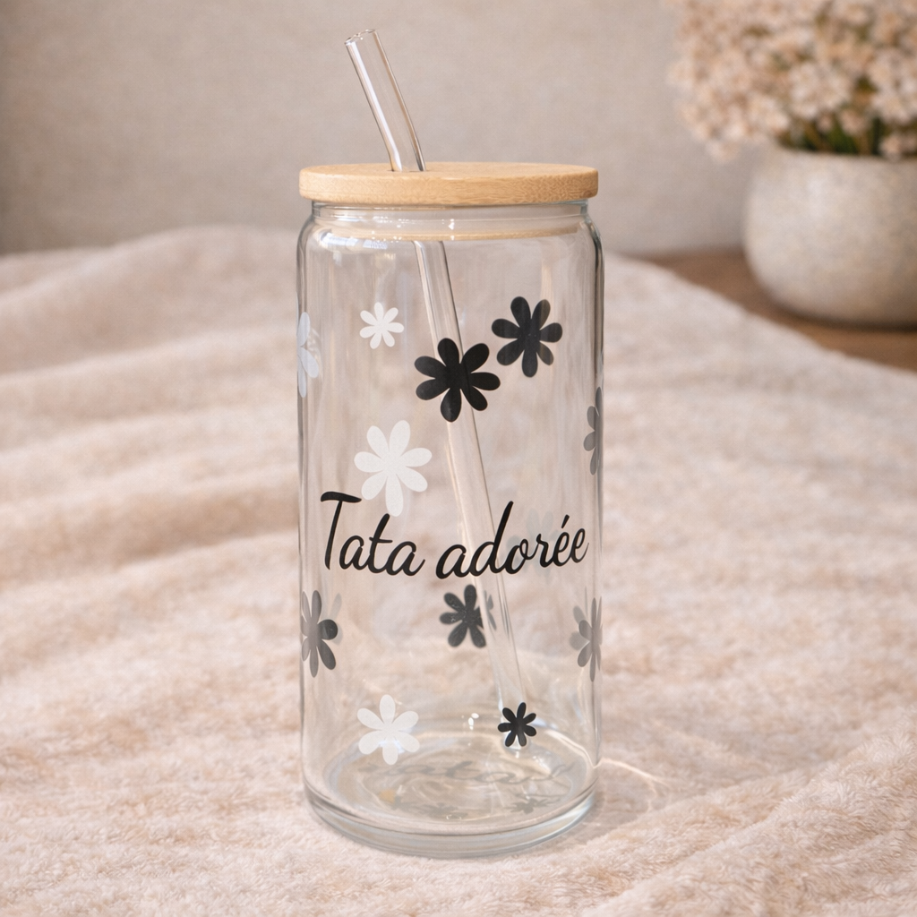 Gobelet en verre personnalisé 550 ml avec paille en verre et couvercle en bambou