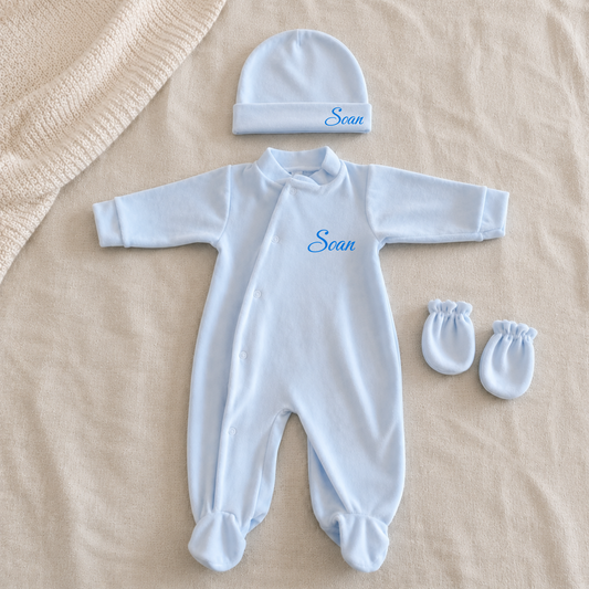 Ensemble 3 pièces bébé en velours bleu personnalisé