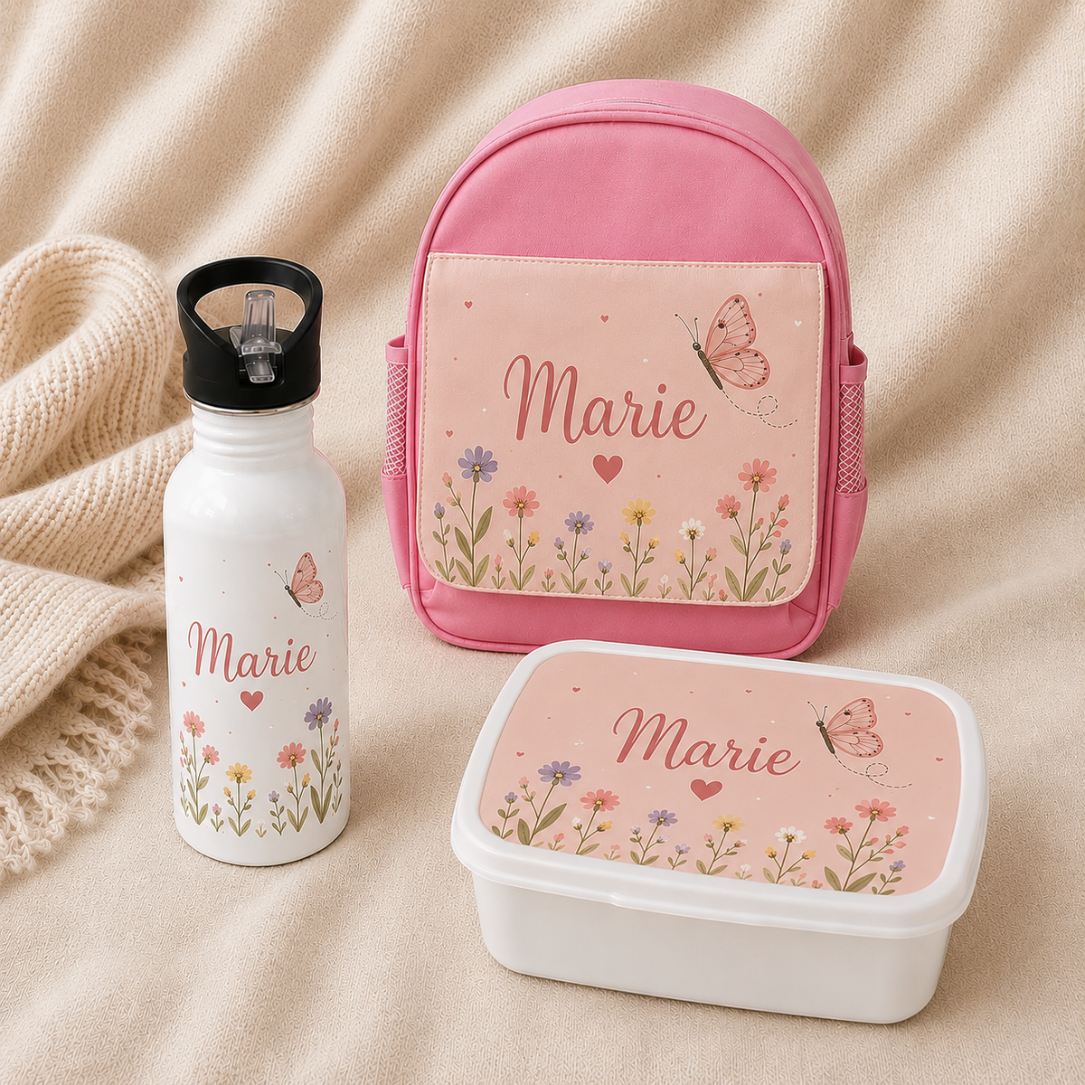Ensemble école personnalisé enfant avec sac à dos, gourde et boîte à tartines - Fleurs