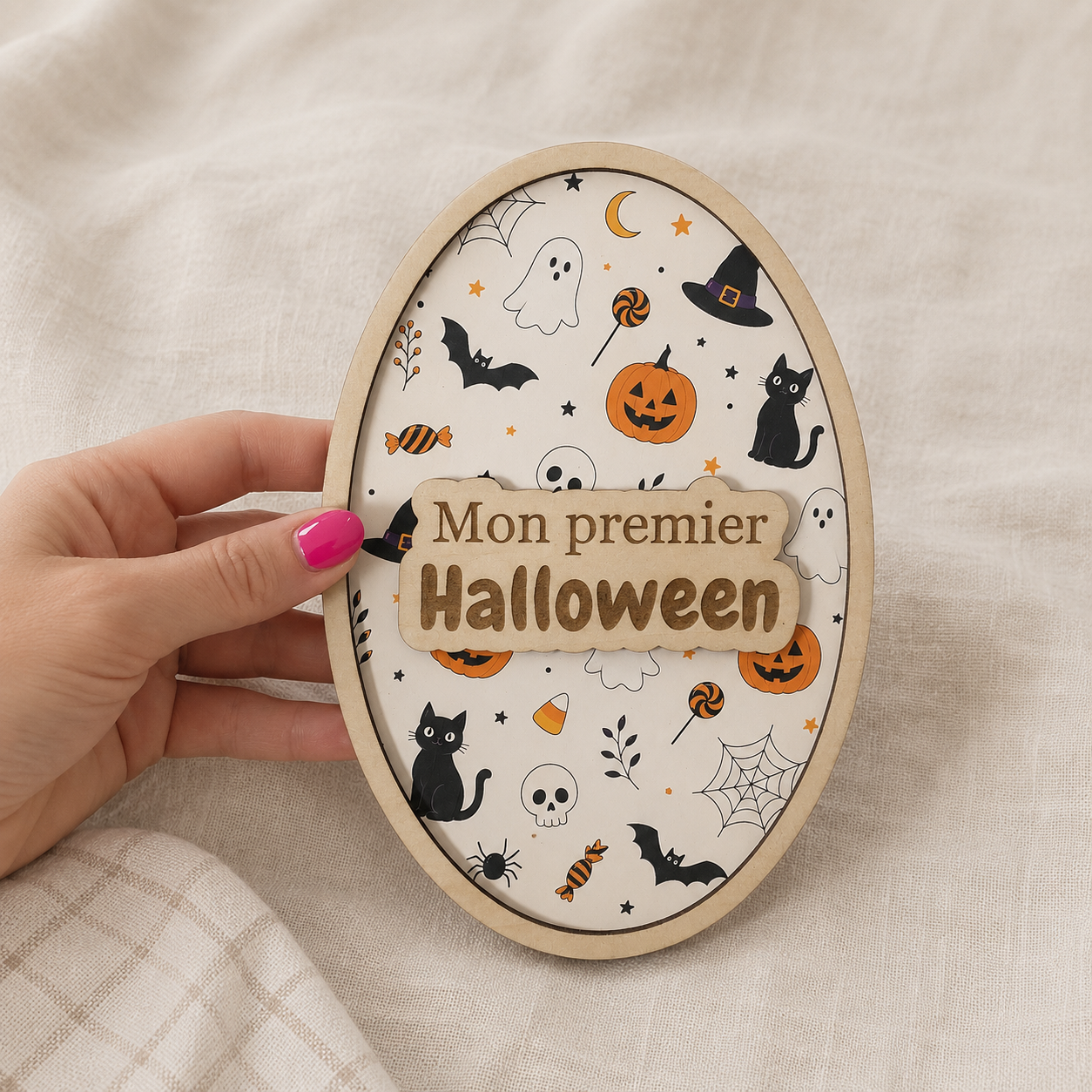 Plaque en bois personnalisée "Mon premier Halloween" - Motif au choix