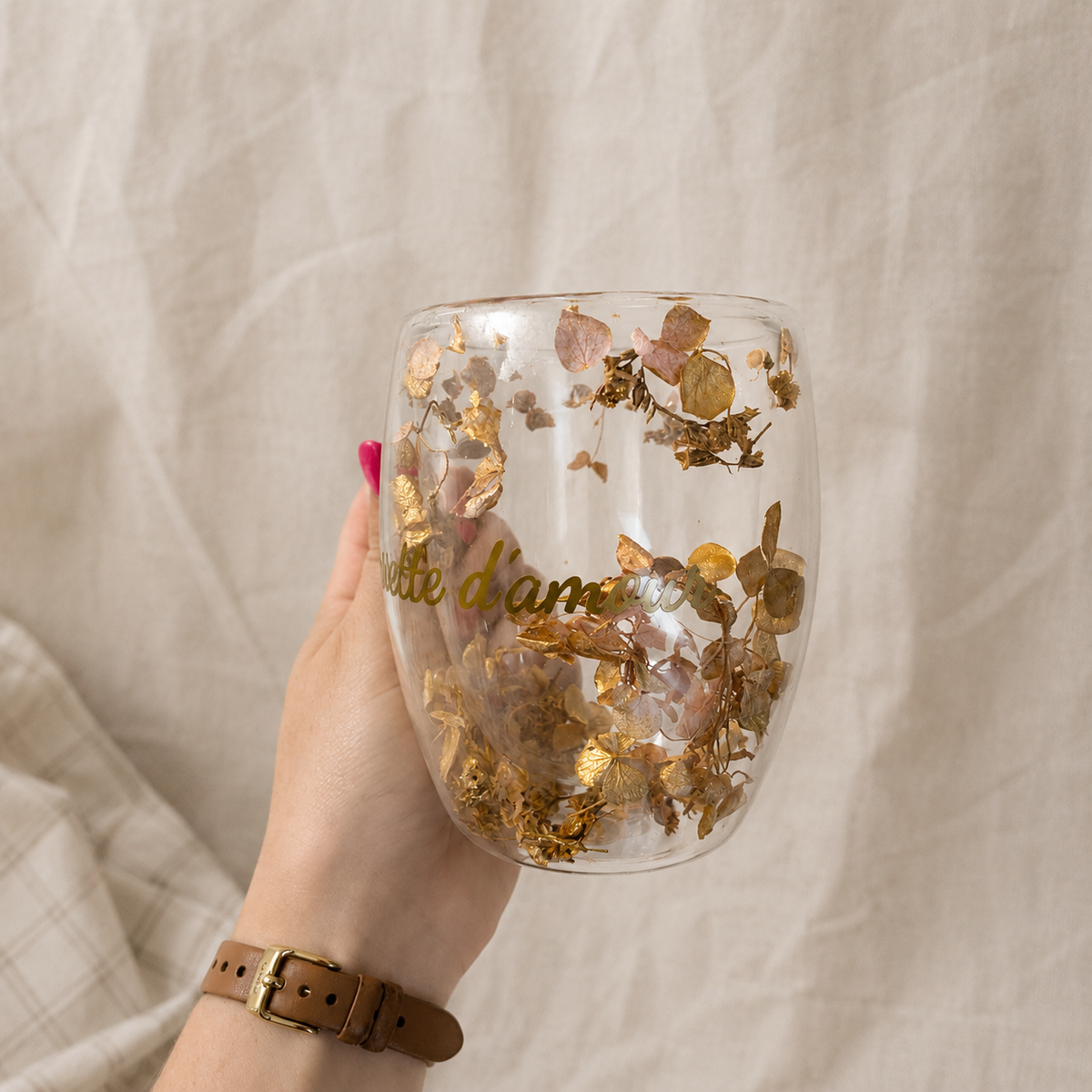 Tasse personnalisée en verre double paroi – Fleurs dorées ou argentées