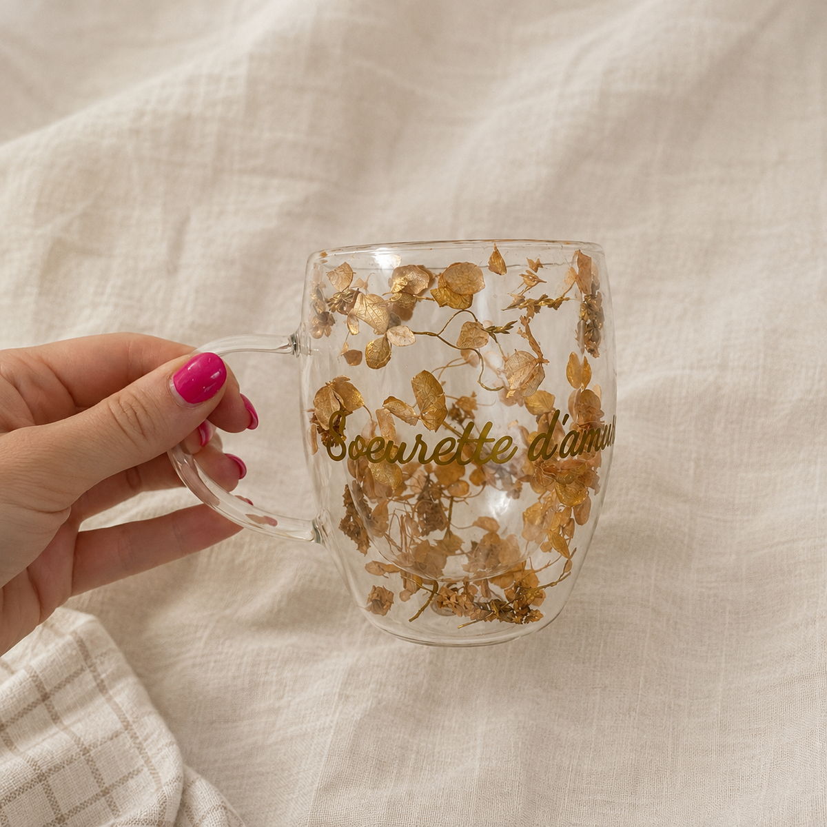 Tasse personnalisée en verre double paroi – Fleurs dorées ou argentées