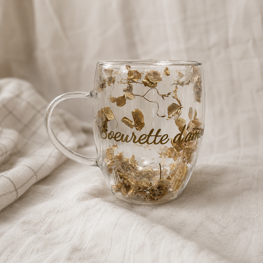 Tasse personnalisée en verre double paroi – Fleurs dorées ou argentées