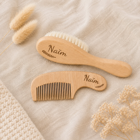 Duo Brosse Douce & Peigne Bébé Personnalisés en Bois