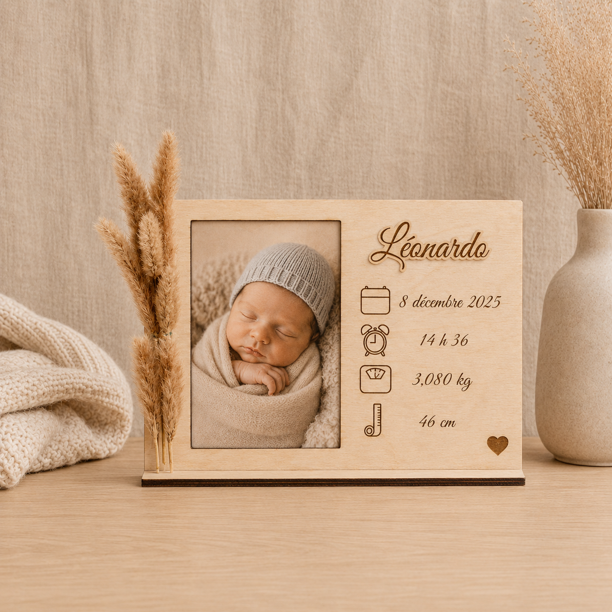 Cadre naissance en bois avec photo et données de naissance