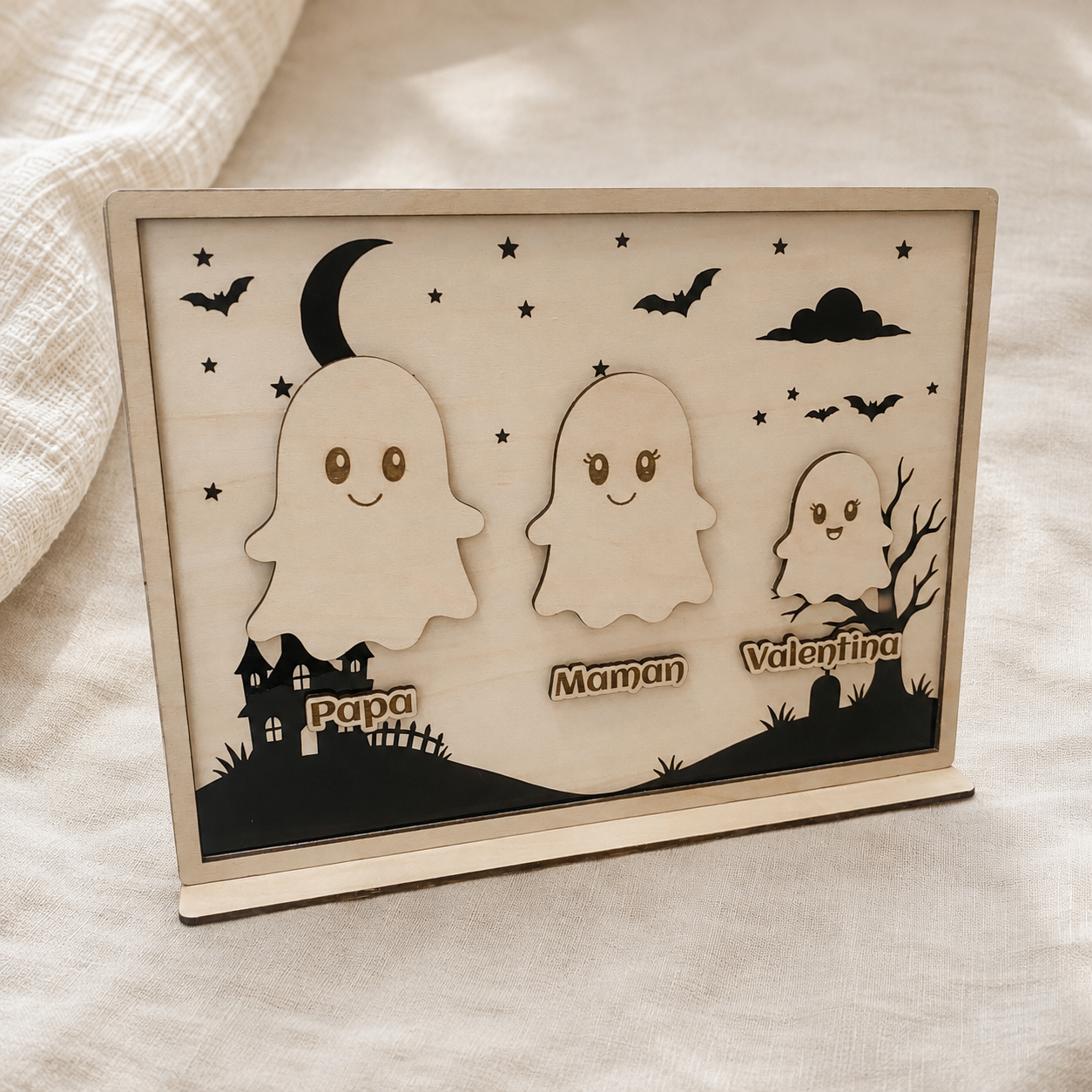 Cadre Halloween personnalisé famille fantômes en bois