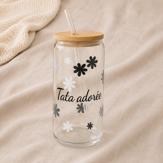 Verre en verre "Tata adorée" avec paille en verre